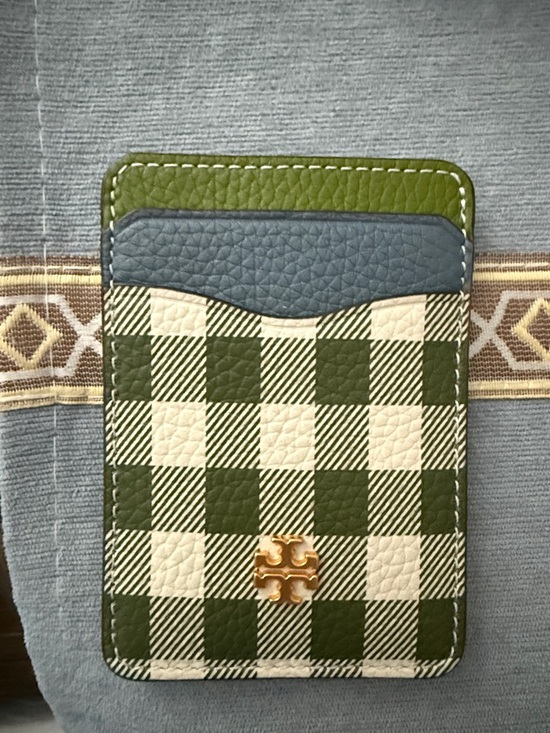Tory Burch Accessories - Tory Burch Olive and Cream Check Card Case with Blue Trim